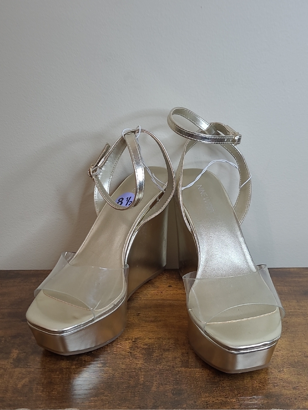 NWOT Nine West Metallic Gold Platform Wedge Sandals with Clear Strap size 8.5